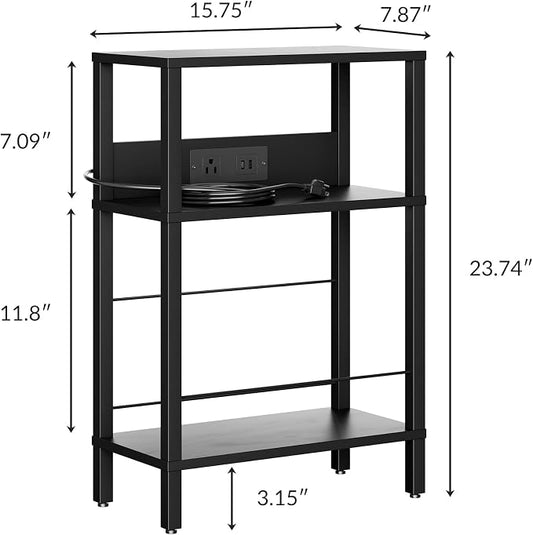 DGSANDGO Black Narrow Side Table - Nightstand with Charging Station (2 USB + 1 AC Outlet), 3-Tier End Table for Nordic Style/Bedroom/Living Room (Black)