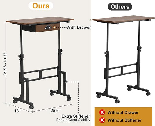 Adjustable Height Standing Desk With Drawer, Rolling Sit Stand Up Desk With Wheels, Small Sit To Stand Computer Desk, Adjustable Desktop Height, On Wheels, Brown, For Walking Pad Laptop Treadmill
