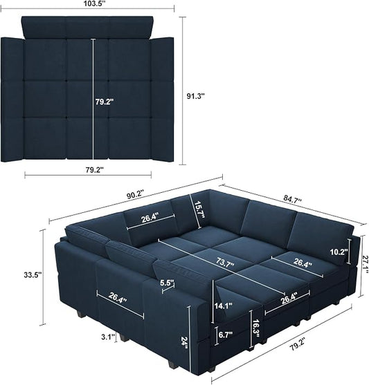 Belffin Modular Sectional Sofa with Ottomans Velvet Reversible Sleeper Sectional Sofa with Chaise Modular Sleeper Sofa Bed with Storage Seat Blue