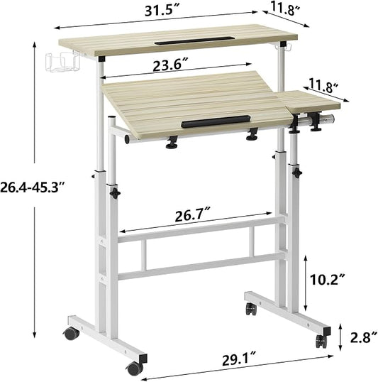 SogesHome 31.5 inch Mobile Standing Desk Adjustable Computer Desk Rolling Laptop Cart Portable Laptop Stand on Wheels Home Office Workstation with Cup Holder,Headphone Holder, Upgrade Maple