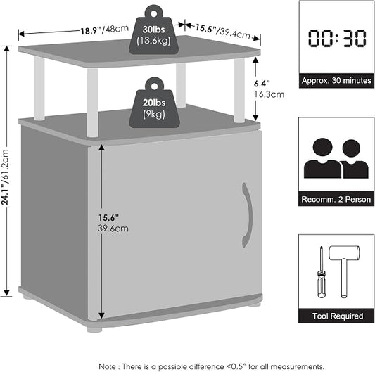 Furinno Jaya Night Stand with Door, Nightstand with Open Shelf and Door Cabinet, Round Corner Bedside Table, Side Table, End Table, for Bedroom, Closet, Dorm, Columbia Walnut