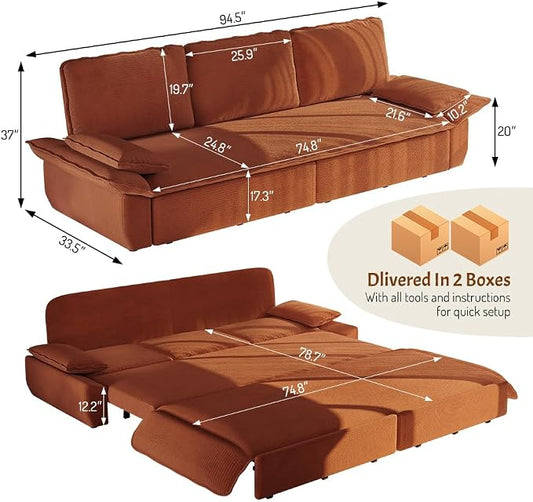 ERYE King Foldable Sleeper Sofa,Oversized 3-in-1 Convertible Pull Out Sleeper Sofabed W/Pillow Armrests,3 Seat Couch Space Saving Sleeper Sofa Bed for Living Room Bedroom