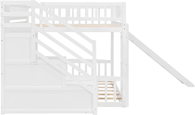 RUNNA Full Over Full Bunk Bed, Staircase with Drawers, Slide, Ladder | full over full bunk bed, staircase with drawers, convertible slide and ladder, solid pine wood, guardrails, no box spring