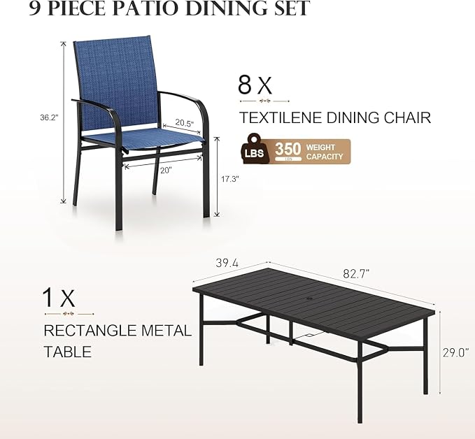 HERA'S HOUSE 9 Pieces Outdoor Dining Set, Patio Table and Chairs Set for 8, 8 x Textilene Chairs and 1 x Large Rectangle Metal Table with Umbrella Hole for Deck Garden Backyard Lawn Poolside
