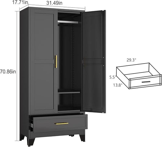 Metal Armoire Wardrobe Closet with Drawers,Storage Cabinet with Hanging Rod,71'' Metal Wardrobe Cabinet with 2 Doors and Adjustable Shelves for Bedroom, Laundry Room, Cloak Room