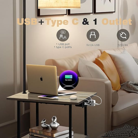 PESRAE Floor Lamp with Tables, End Table with Charging Station(USB & Type-C & AC Port), 3 Color Temperatures 9W LED Bulb, Modern Shelves Side Table for Office, Living Room