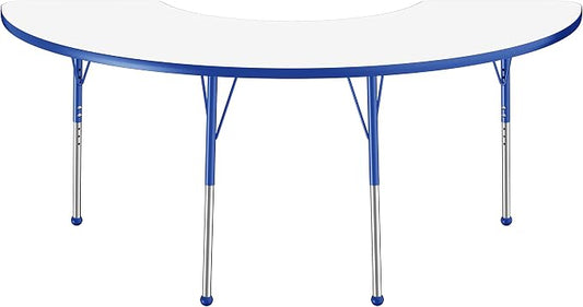 FDP Dry-Erase Half Moon Activity School and Office Table (36 x 72 inch), Standard Legs with Ball Glides for Collaborative Spaces, Adjustable Height 19-30 inches - Whiteboard Top, Blue Edge and Legs