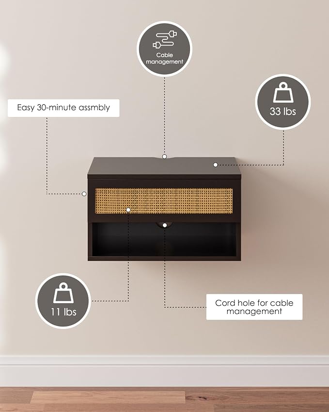 Floating Nightstand With Drawer - Small Modern Shelves for Bedroom, Bathroom (Black Rattan)