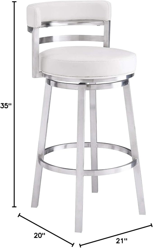 Armen Living Madrid 26" Counter Height Swivel Modern White Faux Leather and Brushed Stainless Steel Bar Stool