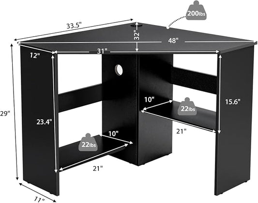 Tangkula Corner Desk, 90 Degrees Triangle Computer Desk for Small Space, Bedroom Corner Makeup Vanity Desk with Storage Shelves & CPU Stand