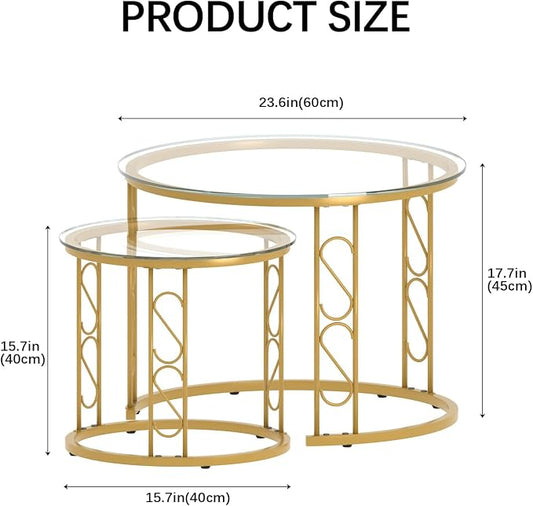Garden 4 you Nesting Coffee Table, 23.6" Round Coffee Table Set of 2, Glass Nesting Table with Metal Frame, Ceter Tables for Living Room Bedroom Balcony, Gold