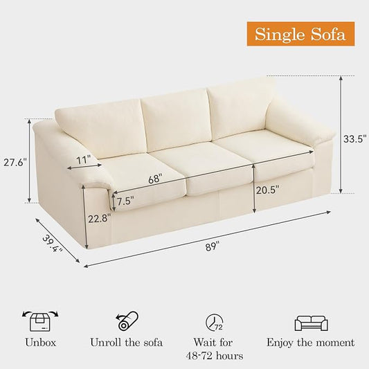89" Boneless 3 Seater Sofa, Modern Cloud Couch for Living Room, 3 Seat Couch with Deep Seat, Thick Cushion, Comfy Upholstered Sofa for Apartment, Bedroom, No Assembly, Beige