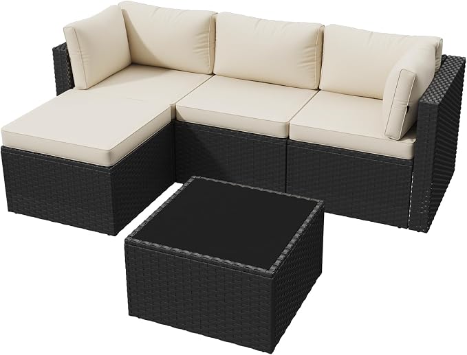 Aoxun Patio Furniture Set 5-Piece, Outdoor Sectional Sofas with Washable Cushion, Wicker Rattan Patio Conversation Sets for Backyard Porch and Poolside