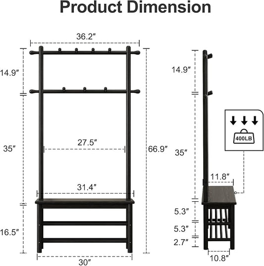 AQIMUELE Coat Rack with Shoe Storage, Wooden Hall Tree with Bench, 11 Hooks and 2-Tier Storage Shelves, 3-in-1, Entryway Bench with Coat Rack (31.5"-Deep Black)