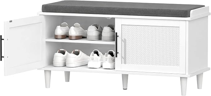 Akxomel Rattan Shoe Storage Bench with Cushion, 2-Tier Entryway Bench with Adjustable Shelves and 2 Doors, 15" D x 39.4" W x 20" H, Solid Wood Legs, for Hallway, Living Room, Bedroom, White