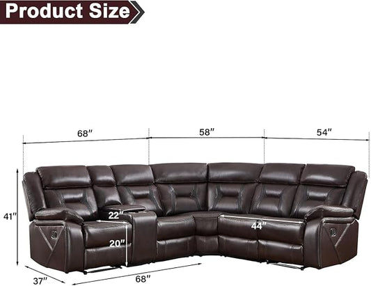 EBELLO Manual Reclining Sectional Sofa for Living Room, L-Shaped Sectional Corner Reclining Sectional Couches Home Furniture Set with Center Console, Hidden Cup Holders and Storage, Dark Brown
