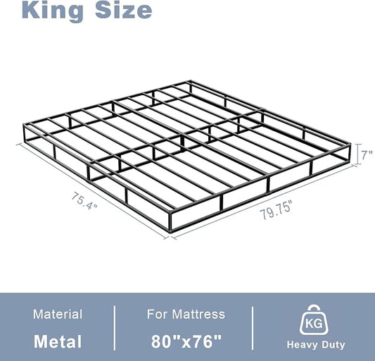 Tyndall Box Spring King Bed Base, 7 Inch High Metal King Size Box Spring Only, Heavy Duty Mattress Foundation with Fabric Cover, Easy Assembly, Quiet Noise Free, Black