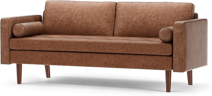 70" Mid-Century Modern Faux Leather Sofa, Comfortable Button Tufted Loveseat Couch with Bolster Pillows & Solid Wood Legs for Living Room, Apartment, Office, 1100lbs Capacity, Brown