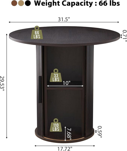 31.5" Round Dining Table for 2-4, Modern Kitchen Table with 2-Tier Storage Shelf, Small Wooden Circle Dining Tables with Fluted Base for Home Dining Room Living Room (Blackened Brown)