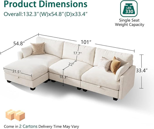 Modular Sectional L Shaped Sofa Couches for Living Room, Cloud Couch with Storage Ottoman, Comfy Chenille Sofa with Pillow, Beige