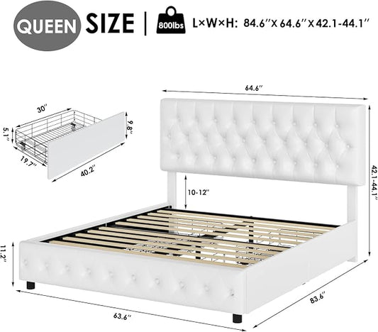 Keyluv Queen Size Upholstered Platform Bed Frame with 4 Storage Drawers, Modern White Faux Leather Bed with Adjustable Button Tufted Headboard, Solid Wooden Slat Support, Easy Assembly