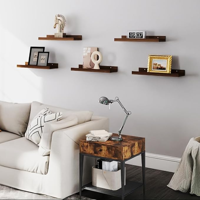 RICHER HOUSE 5 Set Floating Shelves for Wall Decor, Wall Mounted Book Shelf, Nursery Shelves Picture Ledge Shelf with Lip for Storage, Bedroom, Living Room, Bathroom - Walnut