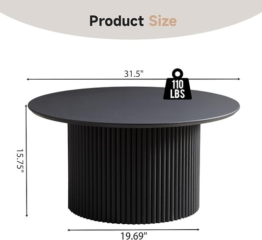 31.5" Round Coffee Table, Modern Fluted Accent Center Table with Metal Frame, Wooden Circle Coffee Tables for Living Room Small Space or Office (Black)