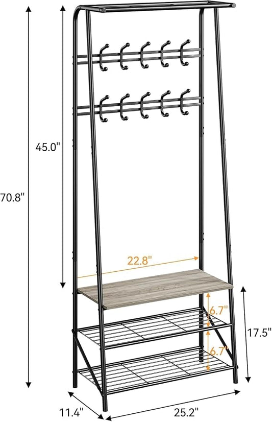 OUTLANE Entryway Hall Tree with 10 Hooks, Shoe Bench & Storage Shelf, Coat Rack Organizer with Wood Accents and Metal Frame for Entryway, Living Room, Bedroom, Gray-Double row
