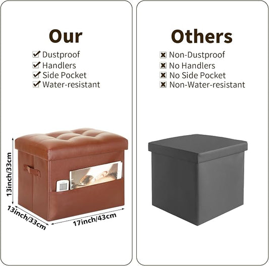 BelugaHelper Storage Ottoman Foot Rest Stool. Folding Ottoman with Storage with Thicker Foam Padded Seat. 330 lbs Footstool Bench for Living Room, Bedroom, Home Office Table, 17x13x13in, Light Brown
