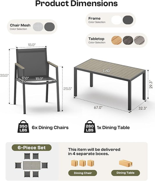 Outdoor Dining Set, 7 Piece Aluminum Patio Table and Chairs Set, All Weather Patio Dining Furniture Set with Umbrella Hole for Backyard, Deck, Poolside (Gray)