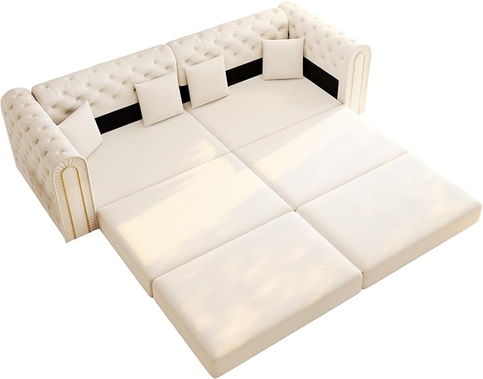 90.6'' Futon Sofa Bed, Chesterfield Velvet Sleeper Sofa, Convertible Floor L-Shaped Couch, Tufted Back, 4 Pillows, Gold Edge Trim, Deep Loveseat Couches for Living Room, Apartment, Gold Beige
