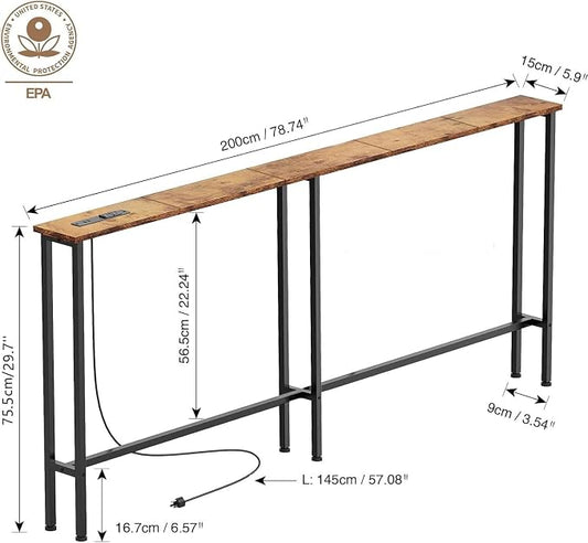 Keelian 78" Narrow Console Sofa Table with Power Outlets & 2 USB Ports, Metal Frame, Rustic Brown, Perfect for Hallway, Office, and Behind Sofa - Easy Assembly, 4.9' Extension Cord Included