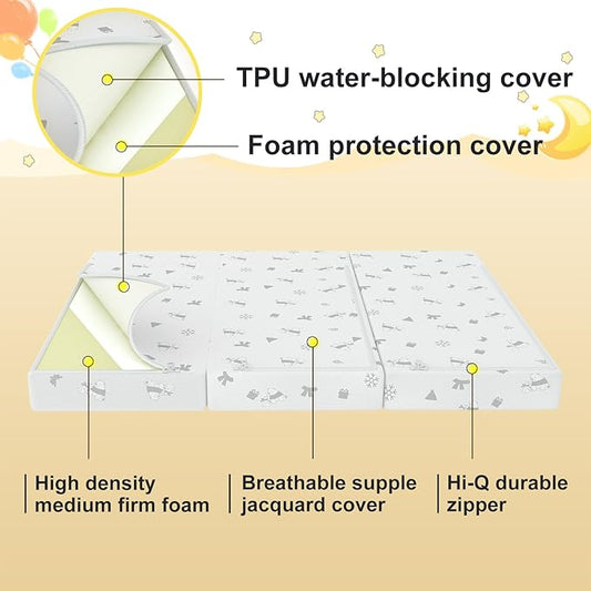 3"x26"x38" Trifold Mattress Topper, Waterproof Breathable Soft Removable Cover, Portable Mattress Pad with Carry Bag for Indoor & Outdoor Use, High Density Medium Firm Foam