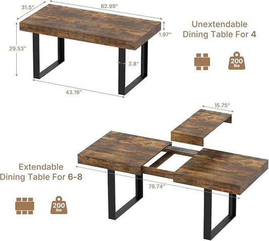 Zevemomo 63"-78.7" Extendable Dining Room Table for 6-8, Expandable Dinner Table Rectangular Kitchen Table Farmhouse Wooden Tables for Dining, Kitchen, Office, Living Room, Space Saving-Rustic Brown
