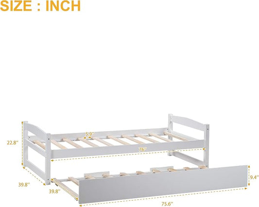 Merax Multifunctional Wood Daybed with Trundle Sofa Day Bed with Headboard/Space Saving/No Box Spring Needed White