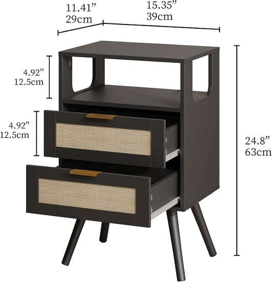 JOONEE Rattan Nightstand,Farmhouse Bedside Table with 2 Storage Drawer and Open Wood Shelf, for Bedroom and Small Spaces,Night Stand with Solid Wood Legs (Black)