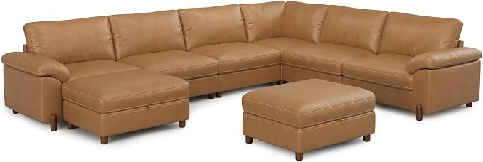 SITJOY Large Cloud Couch, 138" Wide 6 Seater V Shape, Faux Leather in Brown | Pet-Friendly Scratch-Resistant Leather Sectional Sofas for Living Room, Deep Seat Wide Couch with Chaise, Storage Ottoman