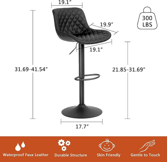YOUTASTE Black Bar Stools Counter Height Bar Stool Set of 2 Adjustable Swivel Faux Leather Barstools with Padded Back Diamond Metal Bar Chairs for Home Kitchen Island