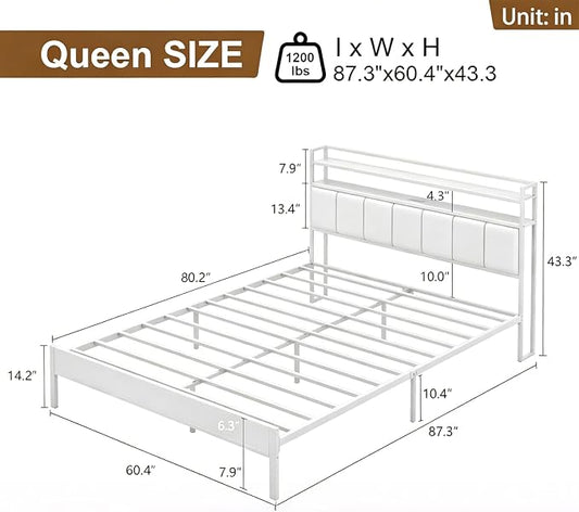 Queen Size Bed Frame with Upholstered Headboard and 2-Tier Storage Shelves | Metal / Charging Station / LED Lights / Under Bed Storage / Non-slip/ Noise Free / No Box Spring Needed / White