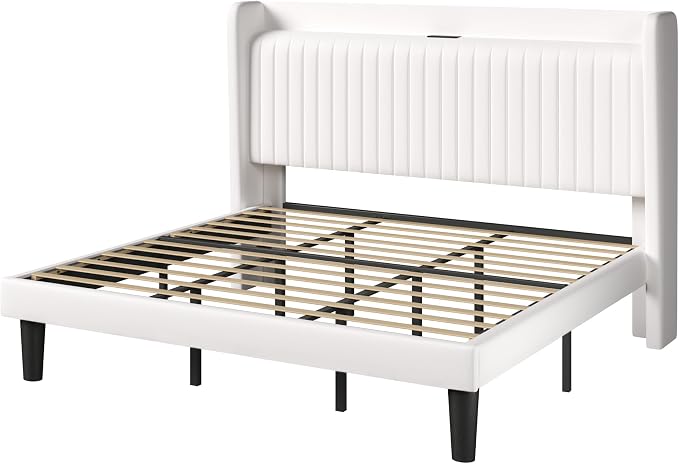 Allewie King Size Platform Bed Frame with USB Charging Station and Storage Shelf/Upholstered Velvet Wingback Headboard/Wooden Slats Support/No Box Spring Needed/Easy Assembly, White