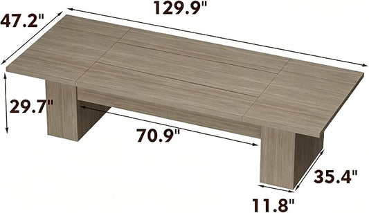 130" W Extra Large Conference Desk Table for 8-10 Persons, Modern Office Work Desk with Sturdy Pedestal Base, Long Rectangular Executive Study Table for Office, Living Room, Gray Oak