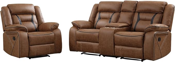 EBELLO Manual Recliner Sofa Set, Faux Leather Reclining Living Room Furniture Set, Included Single Recliner Chair and Manual Loveseat Sofa, Brown