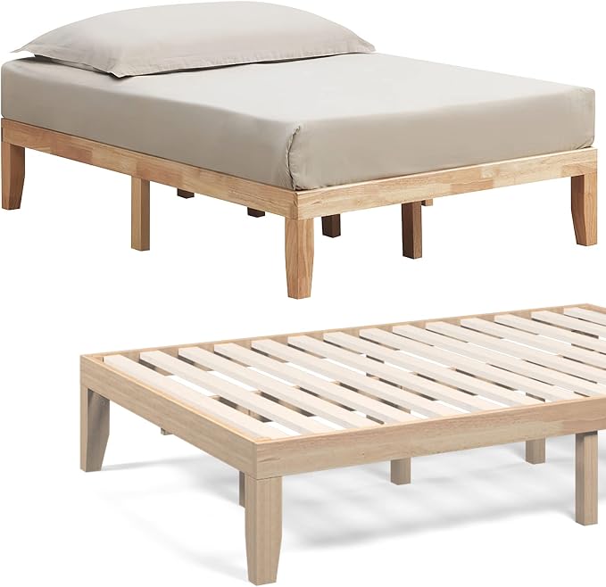 COSTWAY Full Size Wood Platform Bed Frame, 14 Inches Solid Rubber Wood Bed Mattress Foundation with Sturdy Slats Support, Easy Assembly Bed Frame for Home Hotel, No Box Spring Needed (Natural, Full)