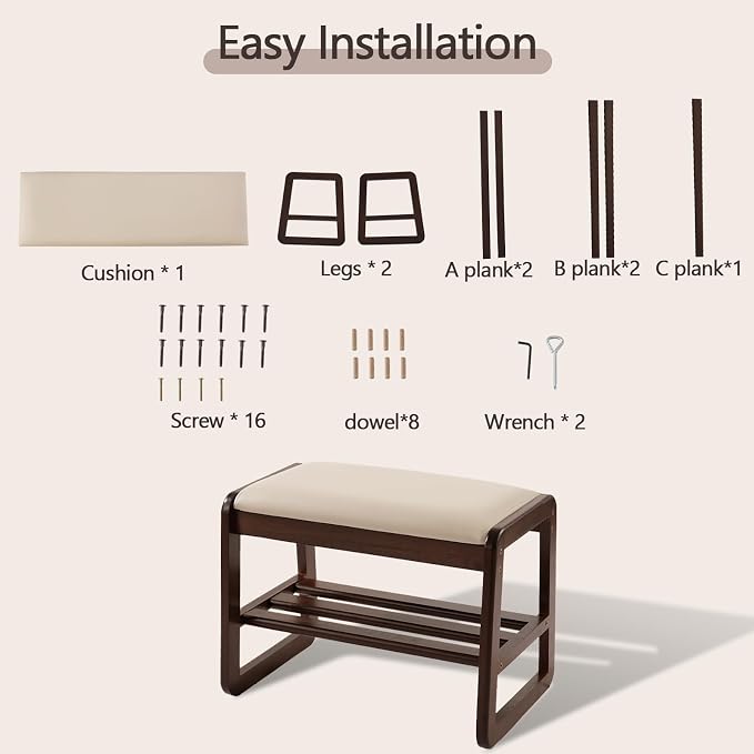 Achicsofar Small Shoe Rack Bench,2 Tier Solid Wooden Entryway Bench with Shoe Storage, Shoe Rack with Cushion for Living Room, Hallway(Pu Beige, 21.6")
