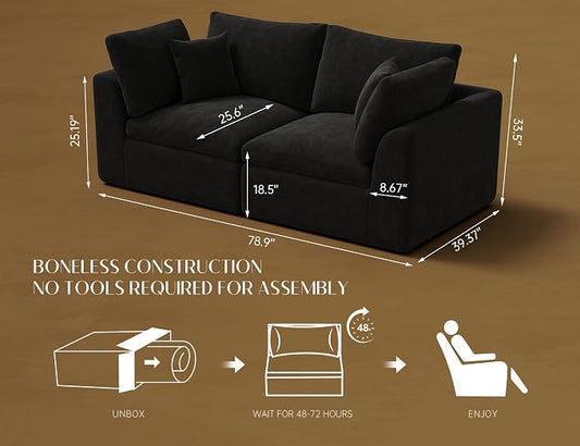 ohllob 78.9" Loveseat Sofa, Cloud Boneless Couches for Living Room, Modern Modular Sectional Sofa, Oversized, Black