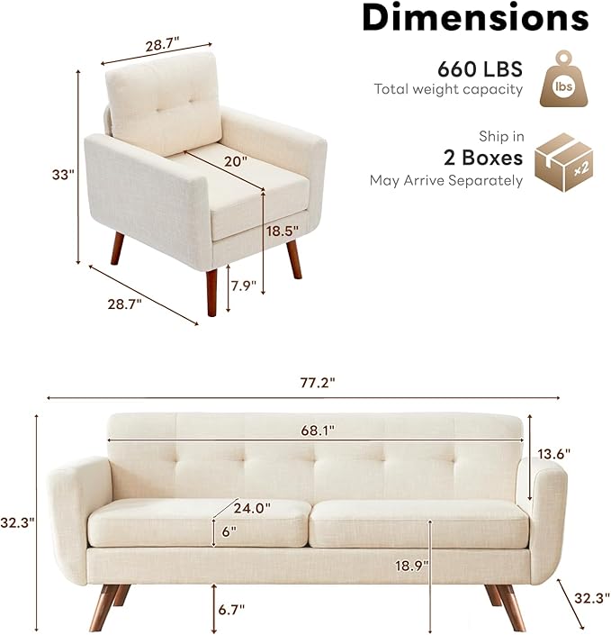 Tbfit Mid Century Modern Sofa Couch, Beige, Standard Sofa & Accent Chair | linen fabric