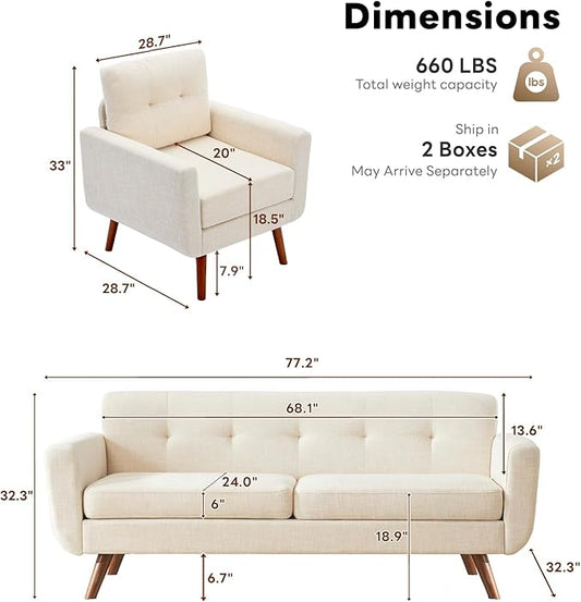 Tbfit Mid Century Modern Sofa Couch, Beige, Standard Sofa & Accent Chair | linen fabric