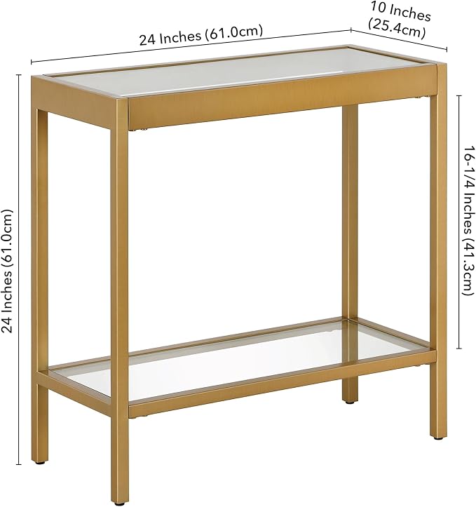 Henn&Hart 24" Wide Rectangular Rectangular Side Table in Brass, Table for Living Room, Bedroom | Two-tiered glass shelves with a metal frame, offering open display space for living rooms, offices, or bedrooms
