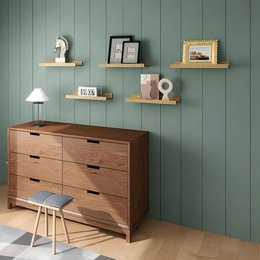 RICHER HOUSE 5 Set Floating Shelves for Wall Decor, Wall Mounted Book Shelf, Nursery Shelves Picture Ledge Shelf with Lip for Storage, Bedroom, Living Room, Bathroom - Oak
