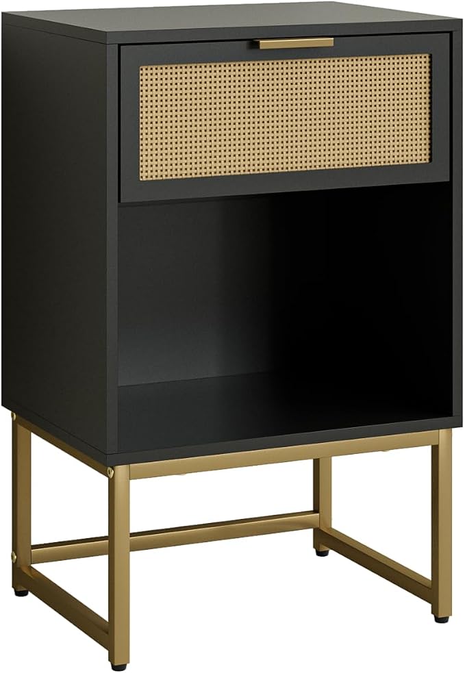 Masupu Rattan Nightstand,Modern Night Stand Boho Farmhouse Wood Bedside Table with Storage Drawer Side End Table for Bedroom, Office,Black